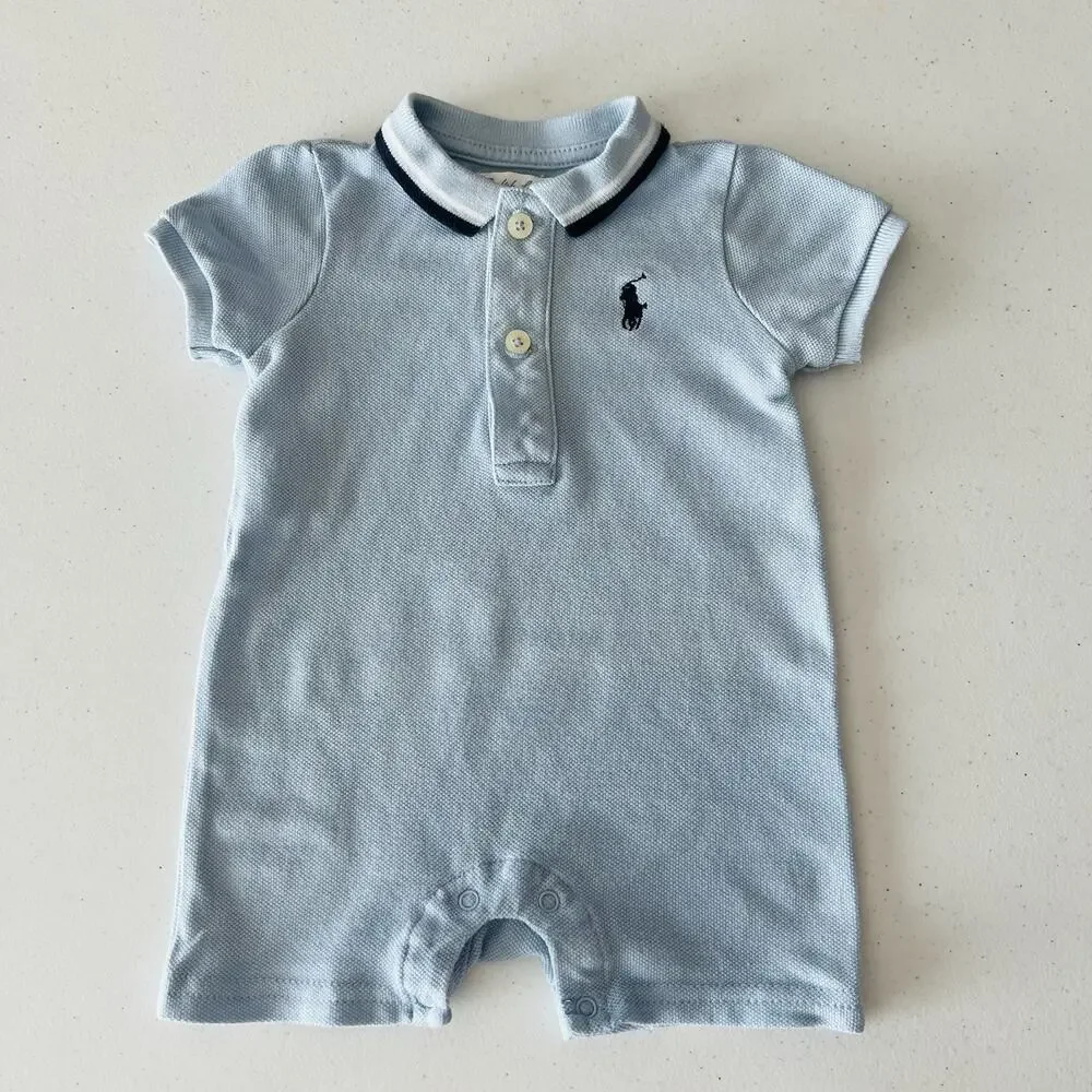 Ralph Lauren Baby Boy Romper 3M Blue Shortall Logo Embroidered Preppy One Piece